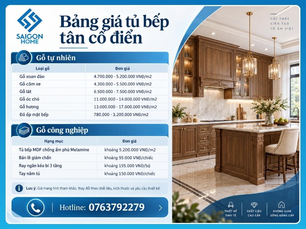 Bảng giá tủ bếp tân cổ điển mới nhất