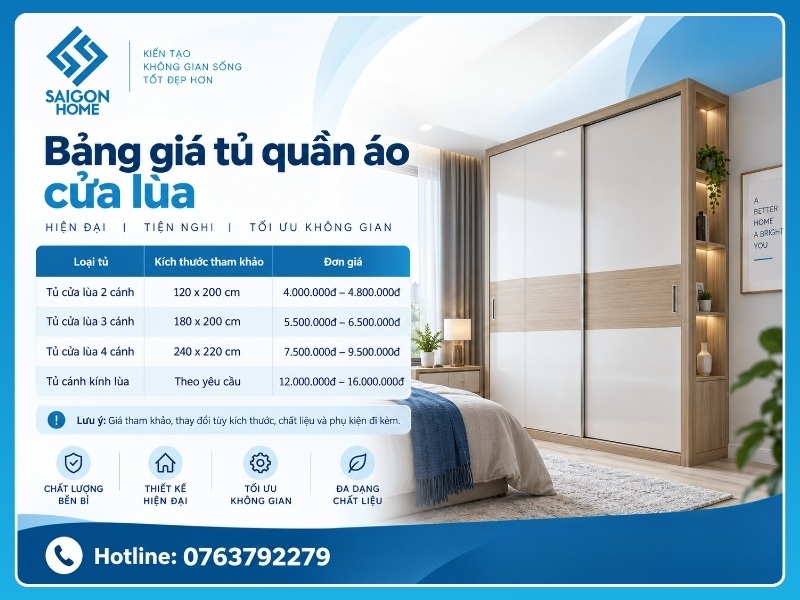 Bảng giá tủ quần áo cửa lùa mới nhất