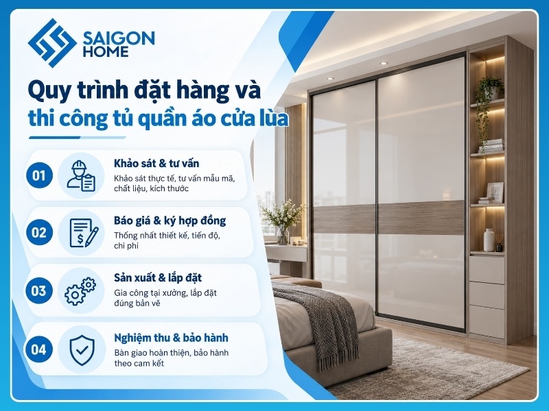 Quy trình đặt hàng và thi công tủ quần áo cửa lùa tại Sài Gòn Home
