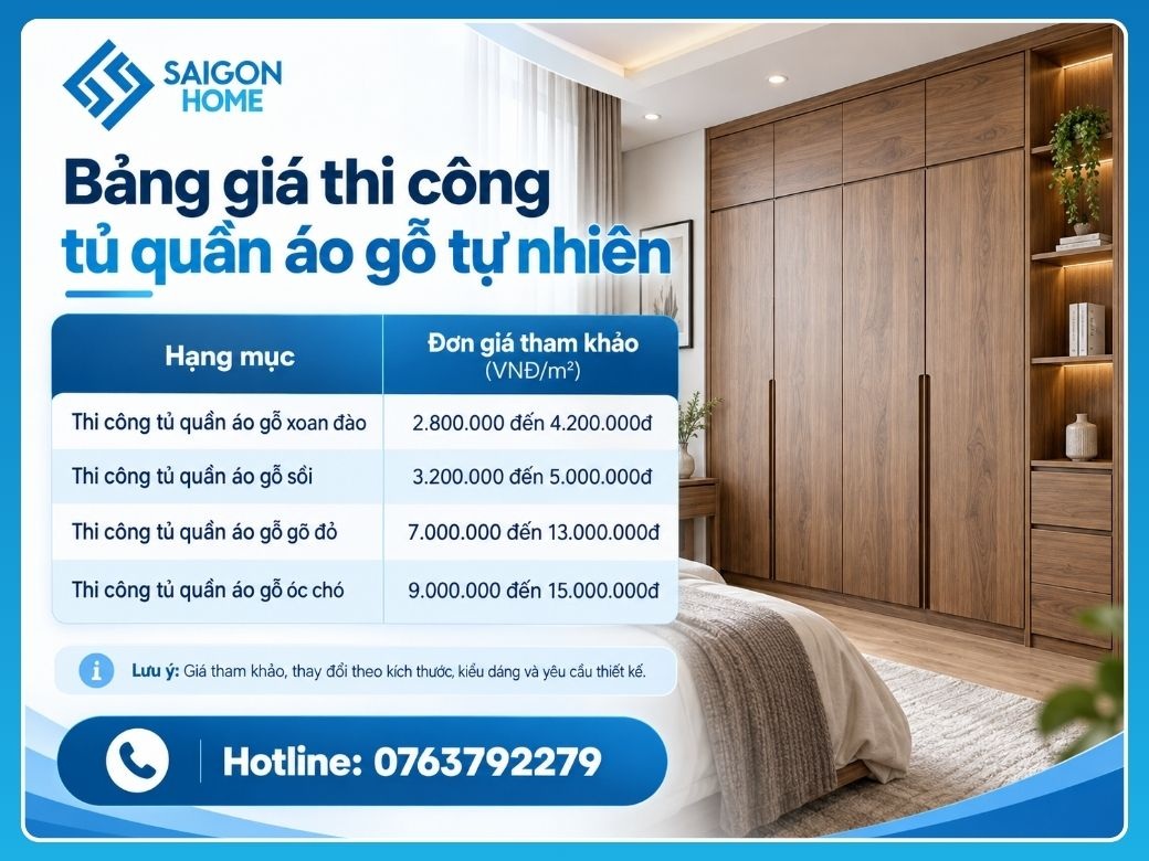 Bảng giá thi công tủ quần áo gỗ tự nhiên tại Nội Thất Sài Gòn Home