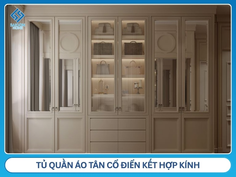 Tủ quần áo tân cổ điển kết hợp kính