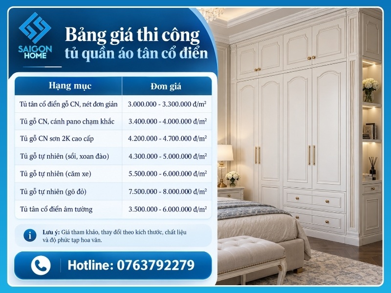 Bảng giá thi công tủ quần áo tân cổ điển