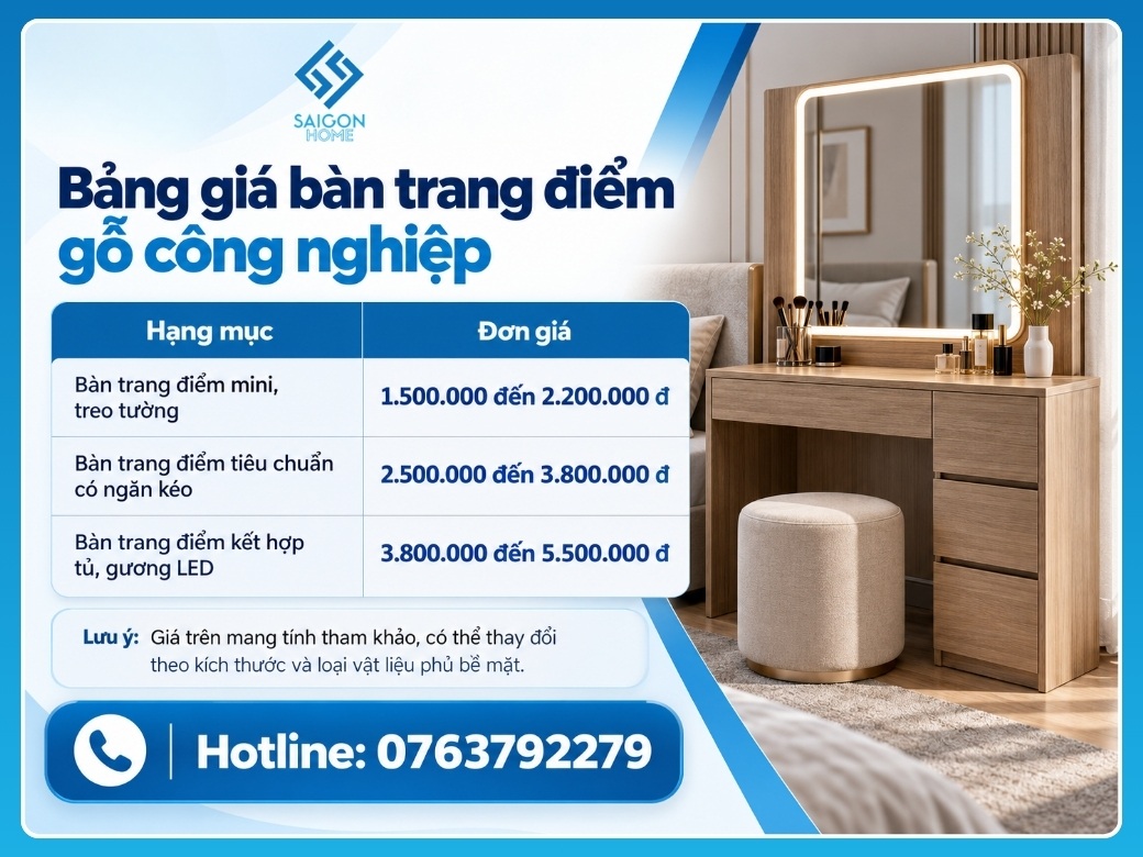 Bảng giá bàn trang điểm gỗ công nghiệp tại Nội Thất Sài Gòn Home