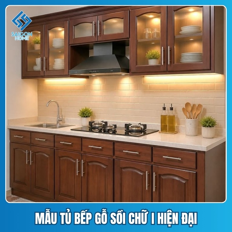 Tủ bếp gỗ sồi chữ I Mẫu tủ bếp gỗ sồi chữ I hiện đại