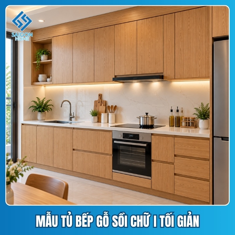 Tủ bếp gỗ sồi chữ I Mẫu tủ bếp gỗ sồi chữ I tối giản