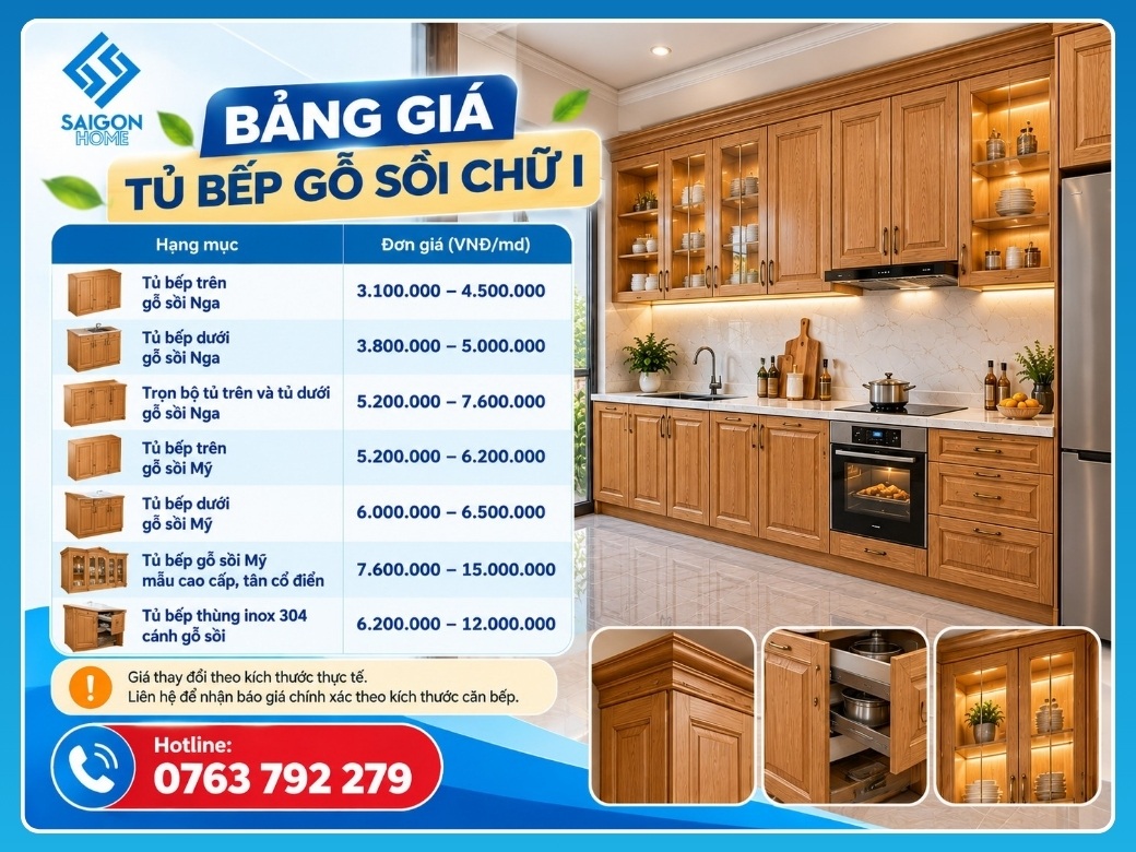 Tủ bếp gỗ sồi chữ I Bảng giá tủ bếp gỗ sồi chữ I mới nhất