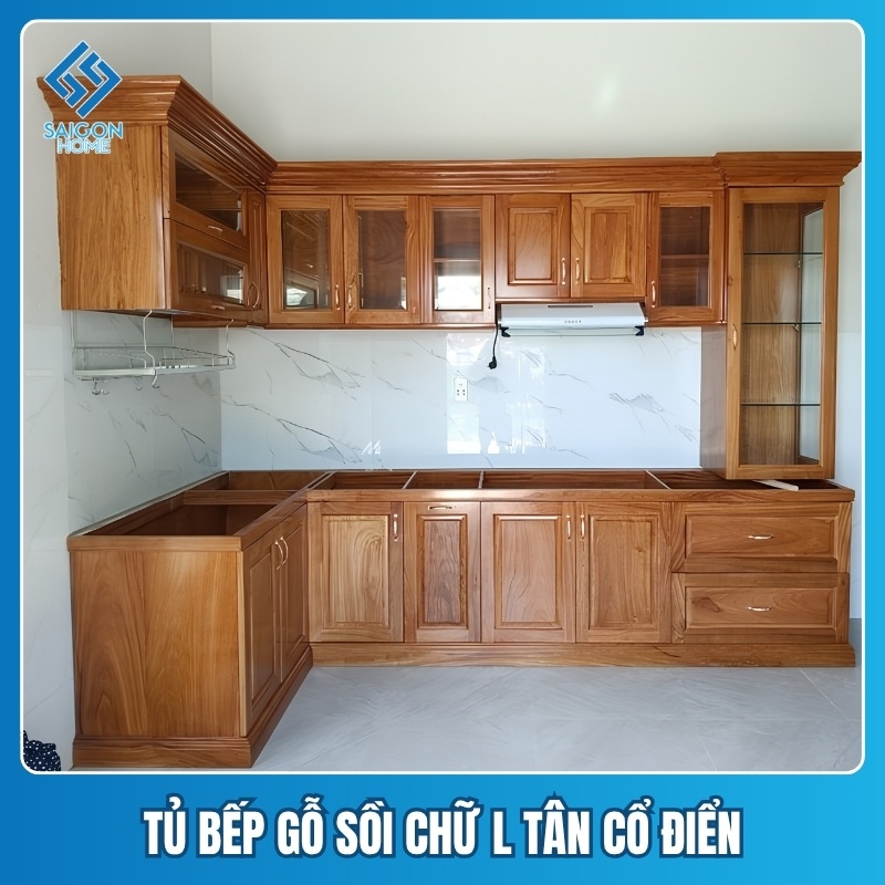 Tủ bếp gỗ sồi chữ L Tủ bếp gỗ sồi chữ L tân cổ điển