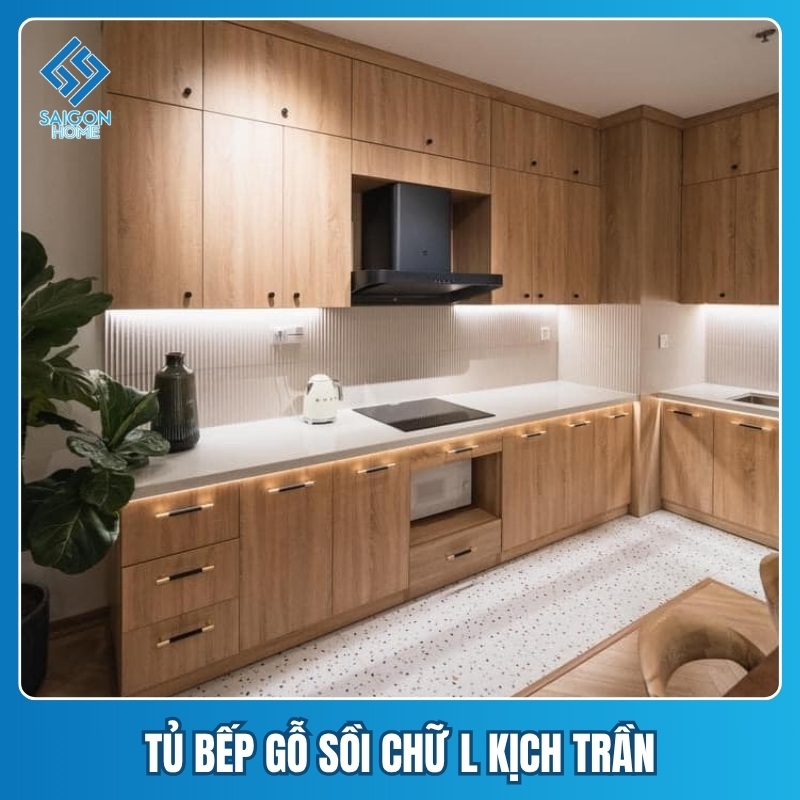 Tủ bếp gỗ sồi chữ L Tủ bếp gỗ sồi chữ L kịch trần