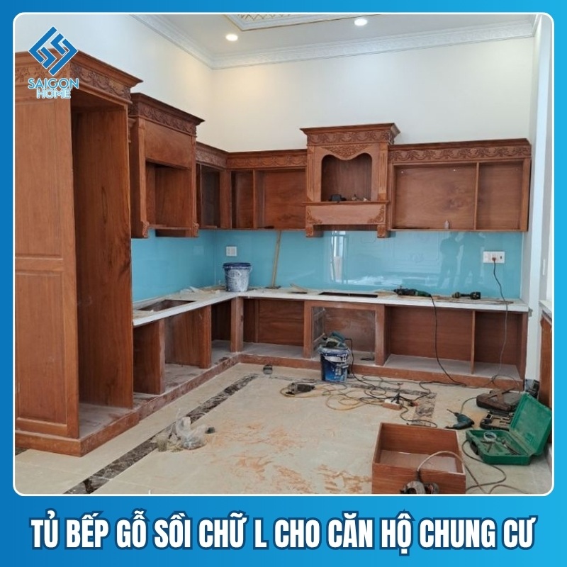 Tủ bếp gỗ sồi chữ L Tủ bếp gỗ sồi chữ L cho căn hộ chung cư