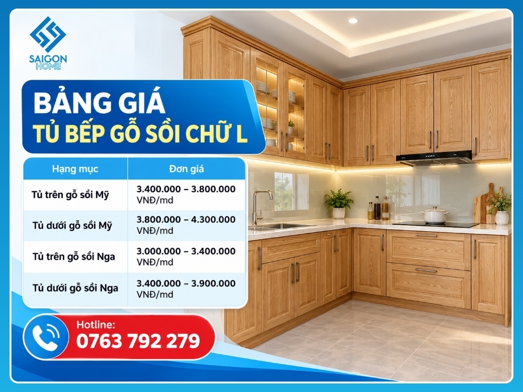 Tủ bếp gỗ sồi chữ L Bảng giá tủ bếp gỗ sồi chữ L mới nhất