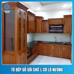 Tủ bếp gỗ sồi chữ L có lò nướng