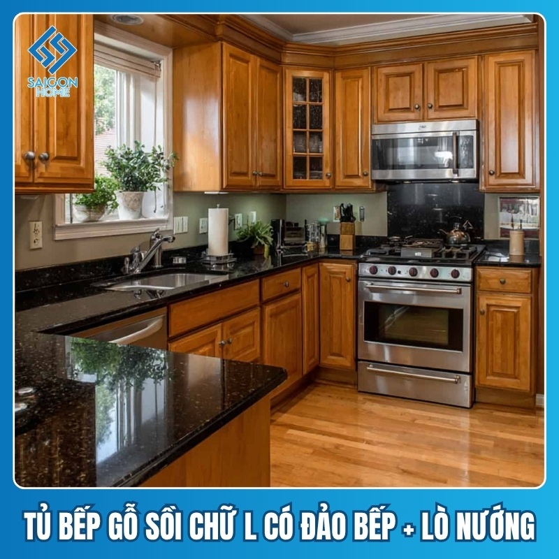 Tủ bếp gỗ sồi chữ L có lò nướng Tủ bếp gỗ sồi chữ L có đảo bếp tích hợp lò nướng