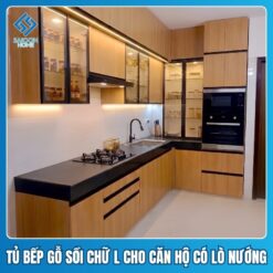 Tủ bếp gỗ sồi chữ L có lò nướng Tủ bếp gỗ sồi chữ L cho căn hộ chung cư có lò nướng