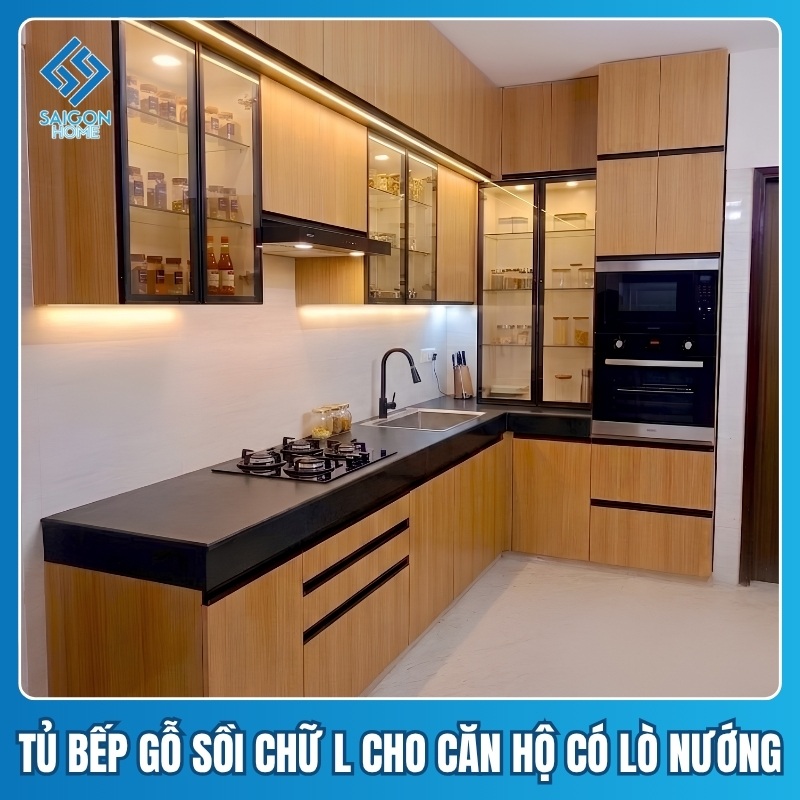 Tủ bếp gỗ sồi chữ L có lò nướng Tủ bếp gỗ sồi chữ L cho căn hộ chung cư có lò nướng