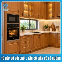 Tủ bếp gỗ sồi chữ L có lò nướng Tủ bếp gỗ sồi chữ L phong cách tân cổ điển có lò nướng
