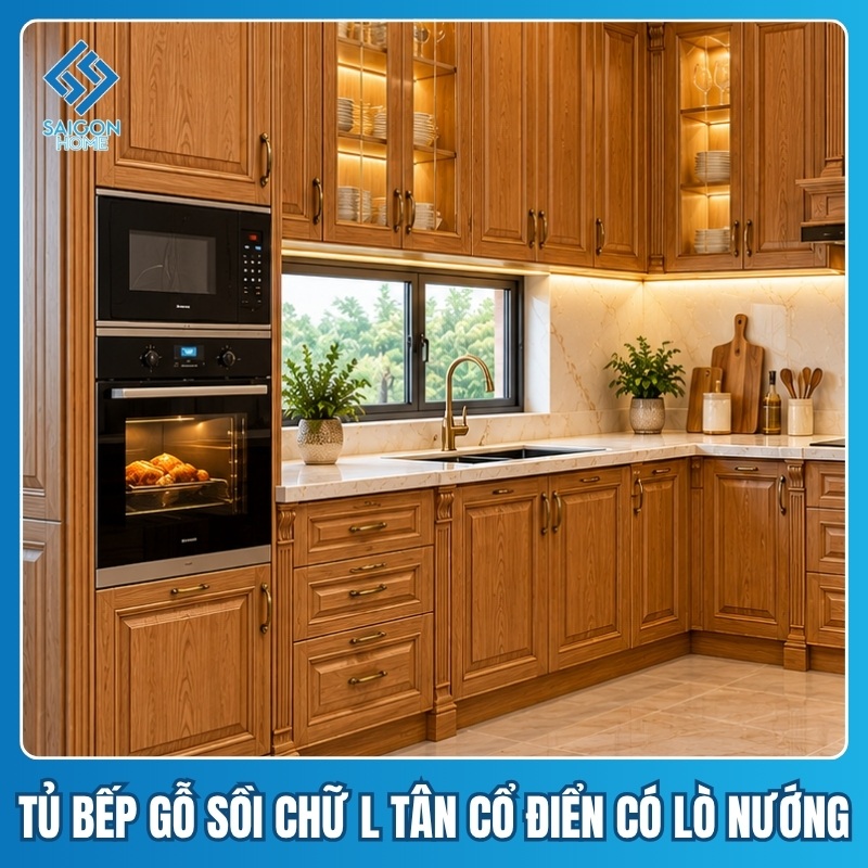 Tủ bếp gỗ sồi chữ L có lò nướng Tủ bếp gỗ sồi chữ L phong cách tân cổ điển có lò nướng