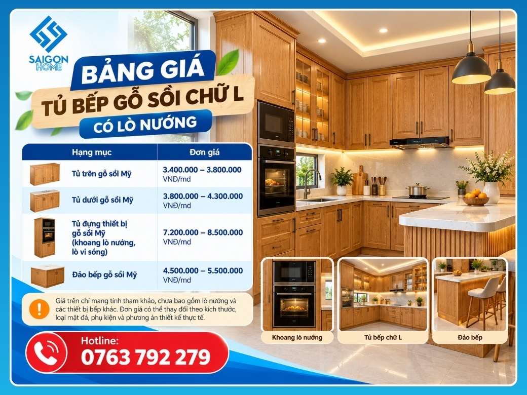 Tủ bếp gỗ sồi chữ L có lò nướng Bảng giá tủ bếp gỗ sồi chữ L có lò nướng mới nhất