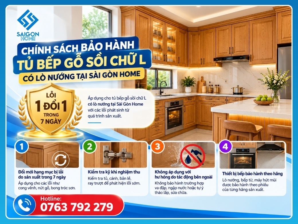 Tủ bếp gỗ sồi chữ L có lò nướng Chính sách bảo hành tủ bếp gỗ sồi chữ L có lò nướng tại Sài Gòn Home