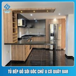 Tủ bếp gỗ sồi góc chữ U có quầy bar