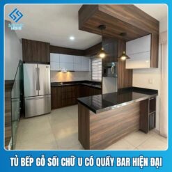 Tủ bếp gỗ sồi chữ U có quầy bar phong cách hiện đại