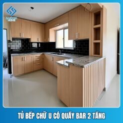 Tủ bếp chữ U có quầy bar 2 tầng