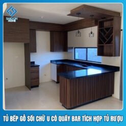 Tủ bếp gỗ sồi chữ U có quầy bar tích hợp tủ rượu