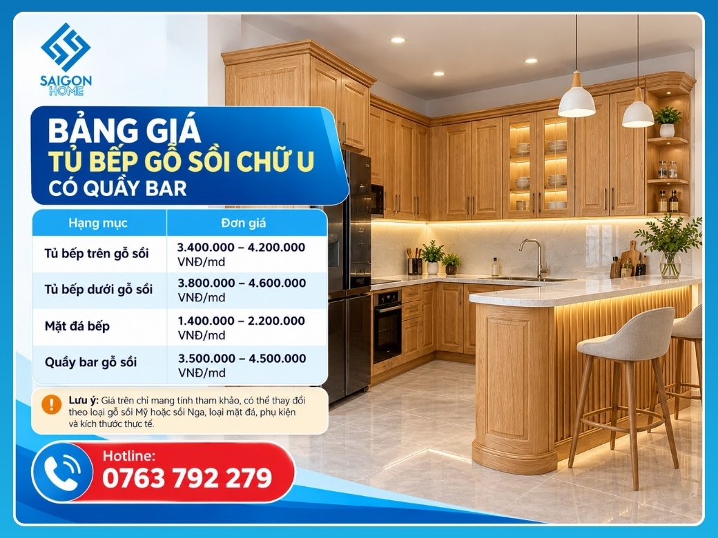 Tủ bếp gỗ sồi chữ U có quầy bar giá bao nhiêu?