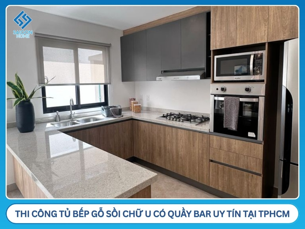 Công ty thiết kế và thi công tủ bếp gỗ sồi chữ U có quầy bar uy tín giá tốt tại TPHCM