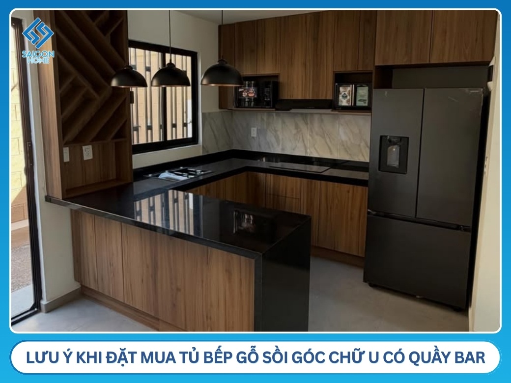 lưu ý khi đặt mua tủ bếp gỗ sồi góc chữ U có quầy bar