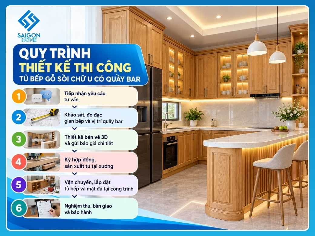 Quy trình 6 bước thiết kế thi công tủ bếp gỗ sồi chữ U có quầy bar