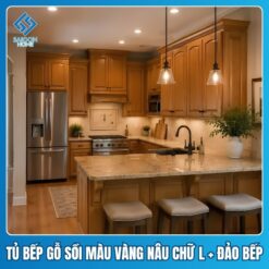 Tủ bếp gỗ sồi màu vàng nâu chữ L kết hợp đảo bếp