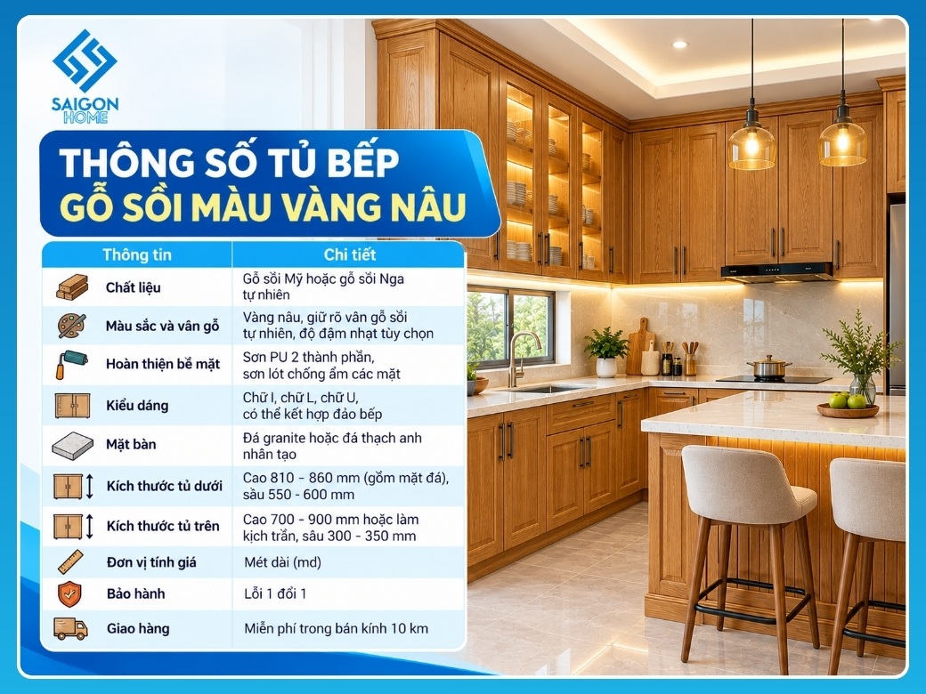 Thông số tủ bếp gỗ sồi màu vàng nâu