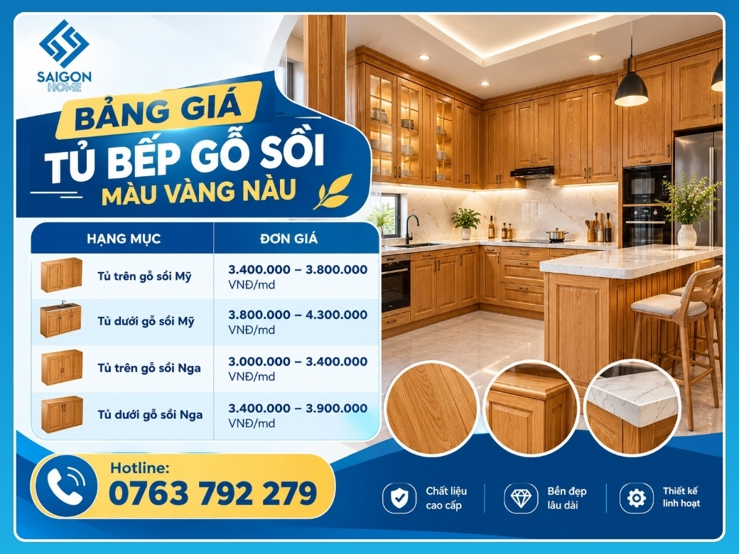 Bảng giá tủ bếp gỗ sồi màu vàng nâu mới nhất