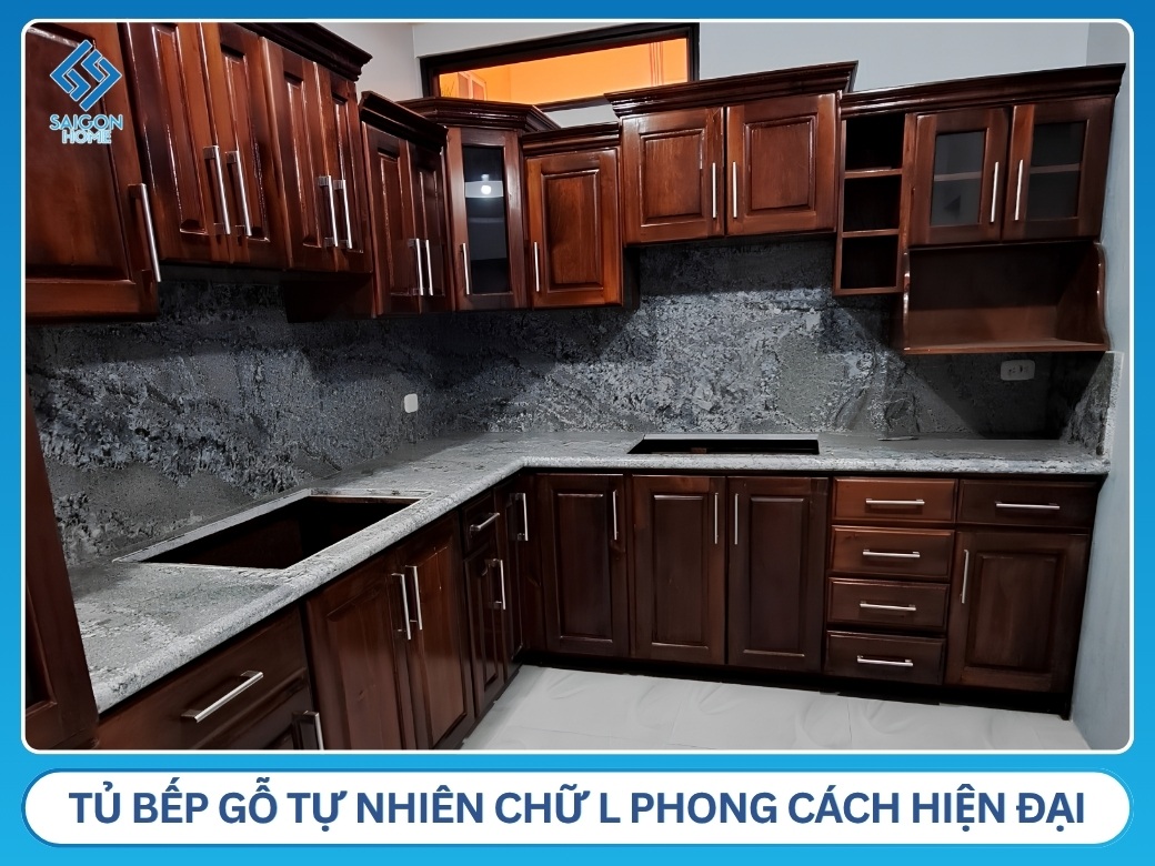 Tủ bếp gỗ tự nhiên chữ L phong cách hiện đại