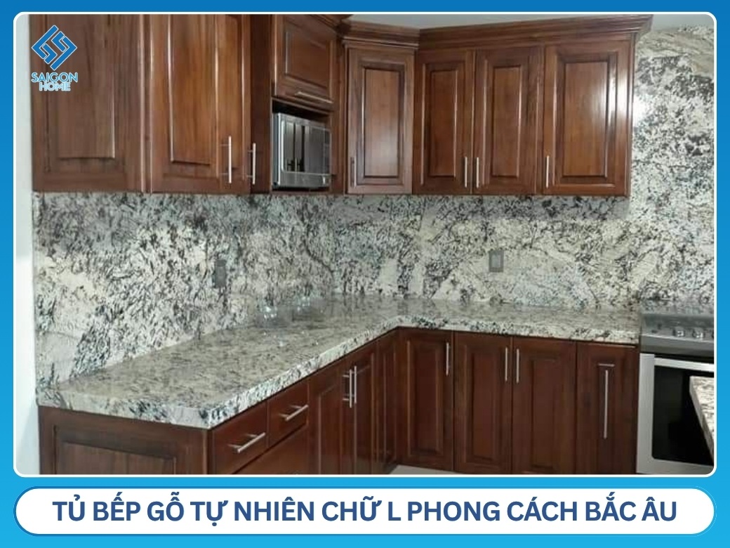 Tủ bếp gỗ tự nhiên chữ L phong cách Bắc Âu