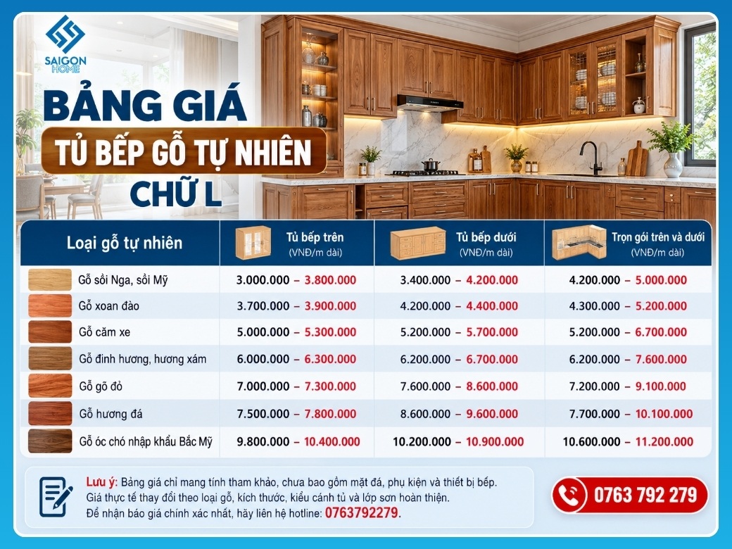 Bảng giá tủ bếp gỗ tự nhiên chữ L mới nhất