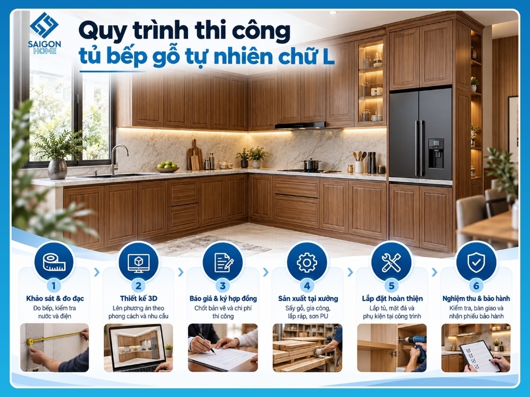 Quy trình 6 bước thi công tủ bếp gỗ tự nhiên chữ L
