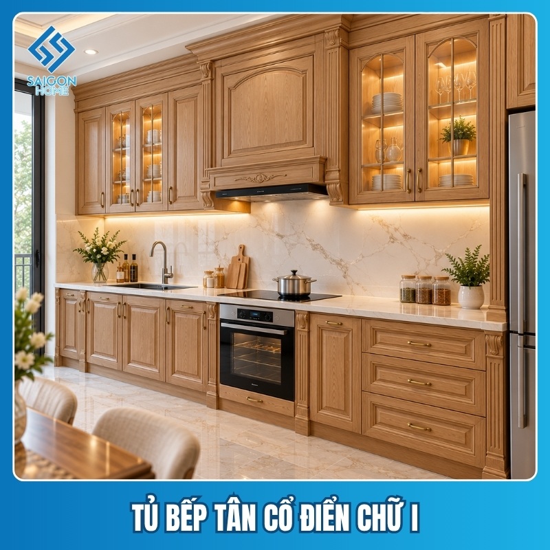 khung sp Nội Thất Sài Gòn Home - Tu-bep-tan-co-dien-chu-I- Tủ bếp tân cổ điển chữ I