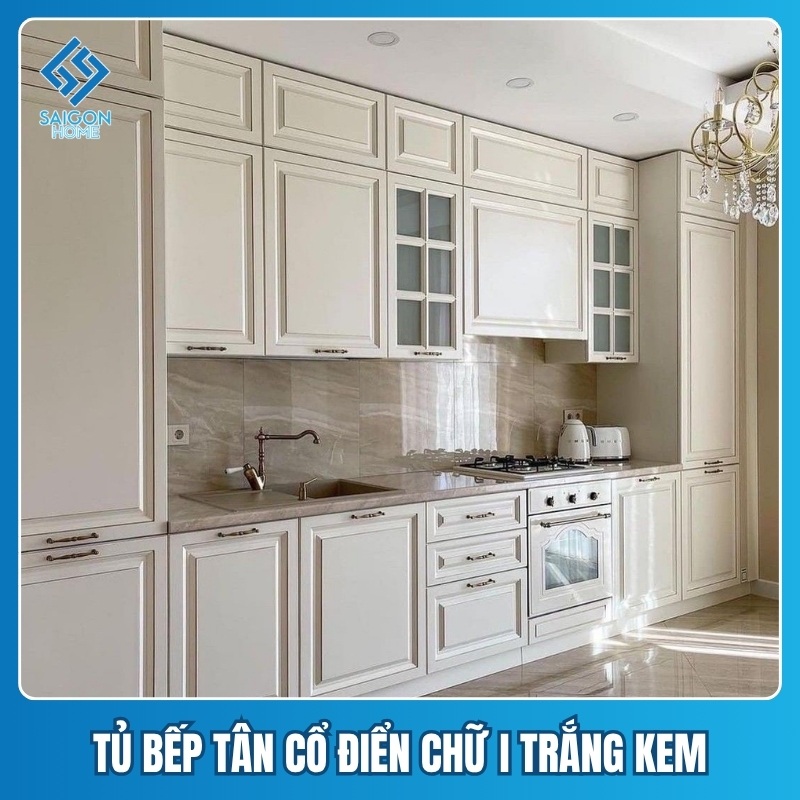 Tủ bếp tân cổ điển chữ I Mẫu tủ bếp tân cổ điển chữ I trắng kem