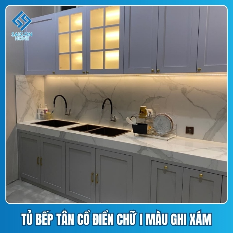 Tủ bếp tân cổ điển chữ I Mẫu tủ bếp tân cổ điển chữ I màu ghi xám