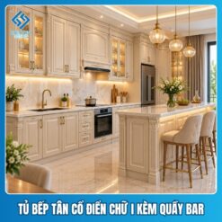 Tủ bếp tân cổ điển chữ I Mẫu tủ bếp tân cổ điển chữ I kèm quầy bar