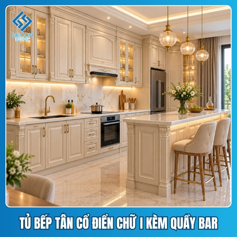 Tủ bếp tân cổ điển chữ I Mẫu tủ bếp tân cổ điển chữ I kèm quầy bar