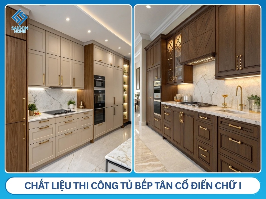 Tủ bếp tân cổ điển chữ I Chất liệu thi công tủ bếp tân cổ điển chữ I phổ biến