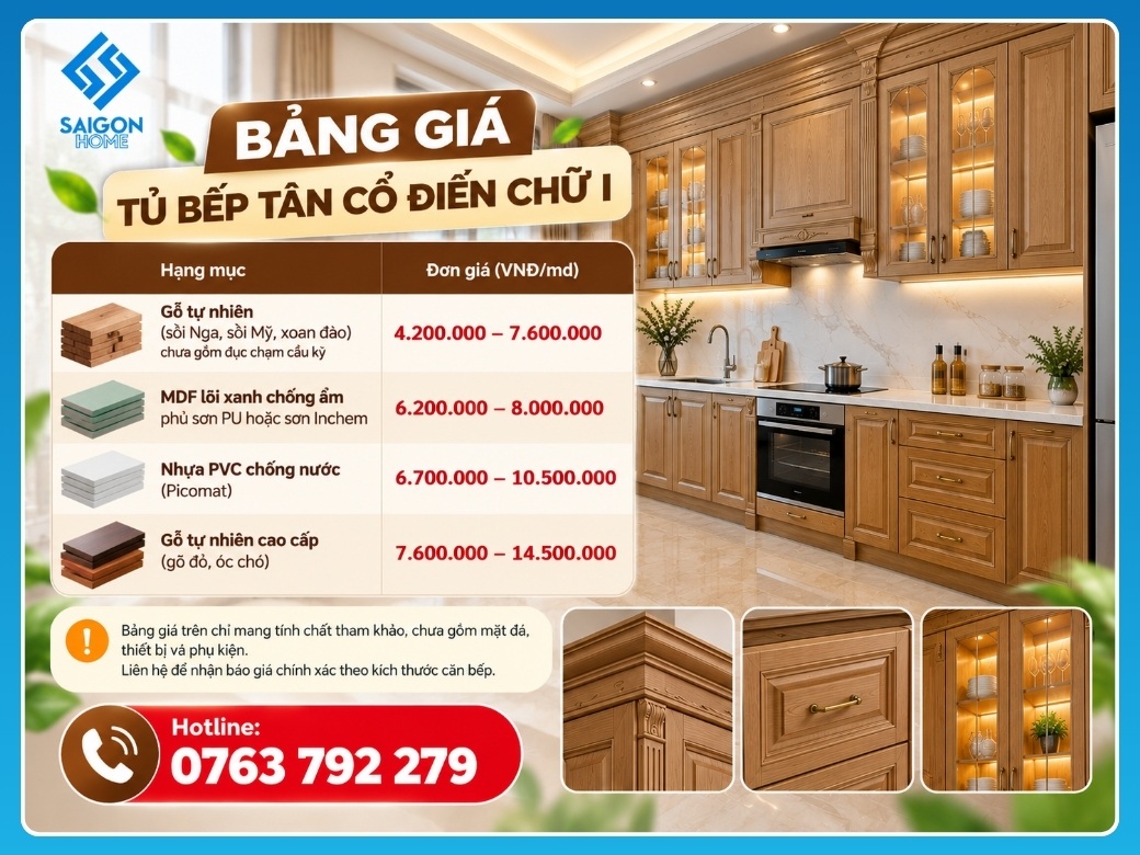 Tủ bếp tân cổ điển chữ I Bảng giá tủ bếp tân cổ điển chữ I mới nhất