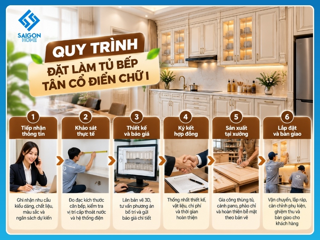 Tủ bếp tân cổ điển chữ I Quy trình đặt làm tủ bếp tân cổ điển chữ I tại Sài Gòn Home