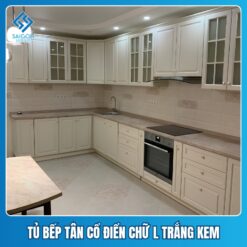 Tủ bếp tân cổ điển chữ L Mẫu tủ bếp tân cổ điển chữ L sơn trắng kem