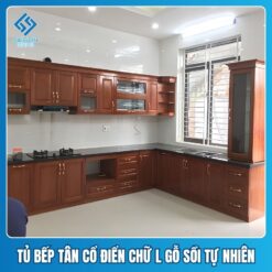 Tủ bếp tân cổ điển chữ L Mẫu tủ bếp tân cổ điển chữ L gỗ sồi tự nhiên