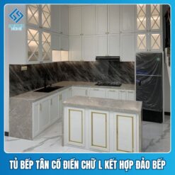 Tủ bếp tân cổ điển chữ L Mẫu tủ bếp tân cổ điển chữ L kết hợp đảo bếp