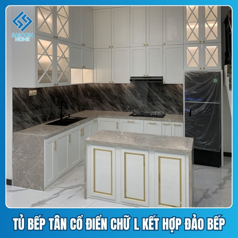 Tủ bếp tân cổ điển chữ L Mẫu tủ bếp tân cổ điển chữ L kết hợp đảo bếp