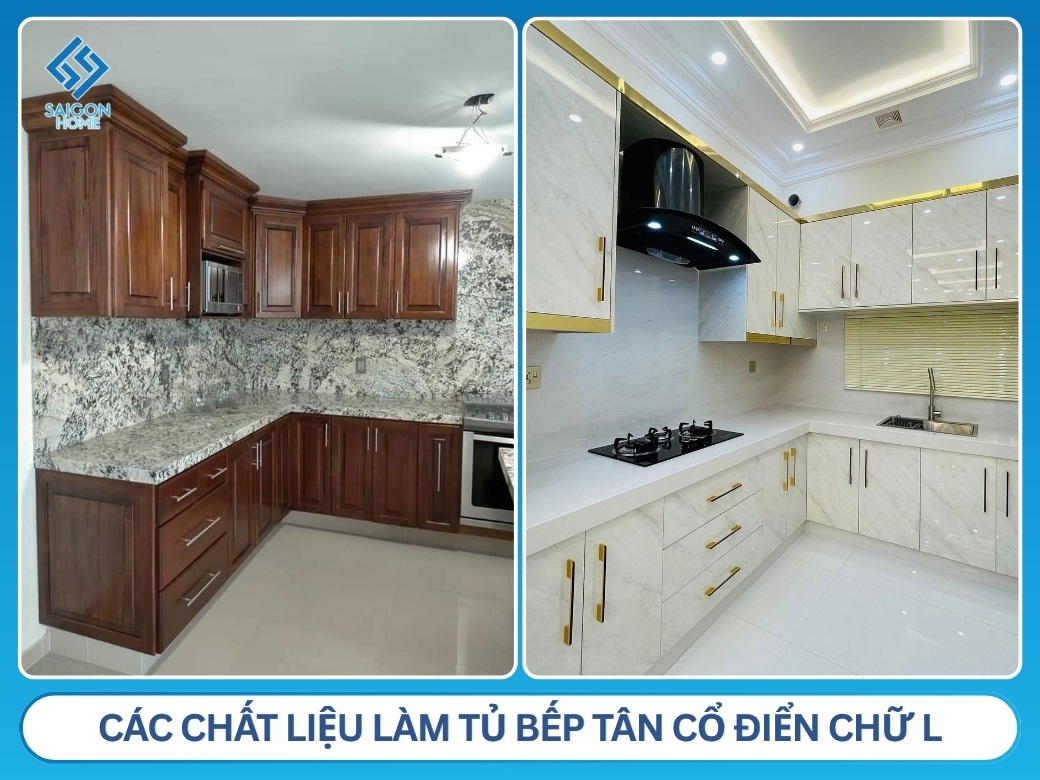Tủ bếp tân cổ điển chữ L Các chất liệu làm tủ bếp tân cổ điển chữ L